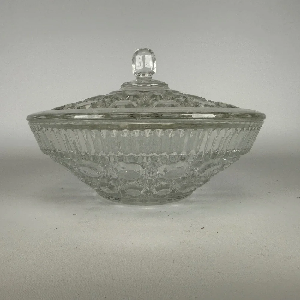 Vintage Clear Pressed Glass Candy Dish with Lid Diamond Point Thumbprint 8 Inch